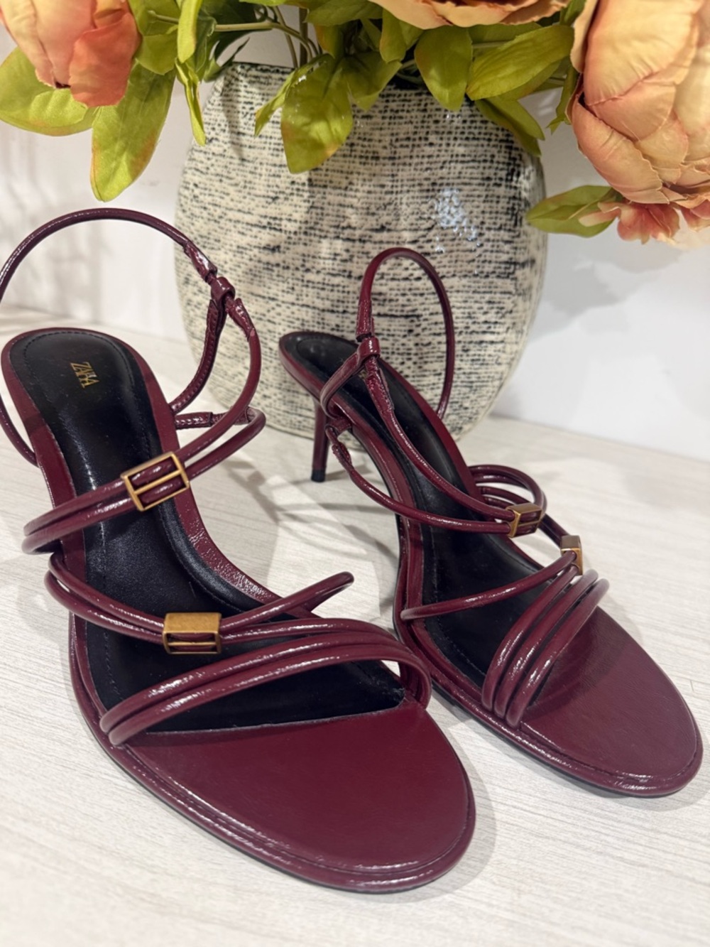 Zara Burgundy Strappy Mid-Heel Sandals with Gold Accents